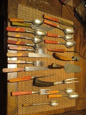 Orange and Brown Vintage Cutlery Set.All Bakelite And Different Colors